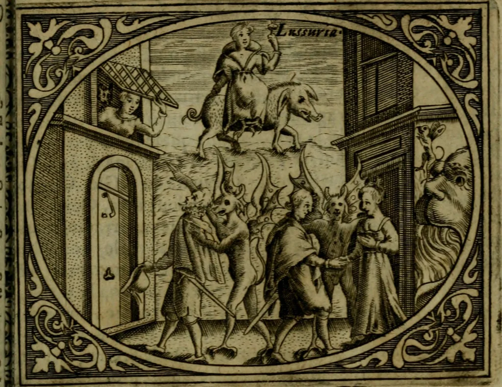 An illustration from Libretto d'imagini e di brevi meditationi sopra li sette peccati capitali, e le virtù à loro contrarie : si da ancora vna breve cognitione de' vitij per fuggirli, e delle virtù per acquistarle, 1600, leaf 34