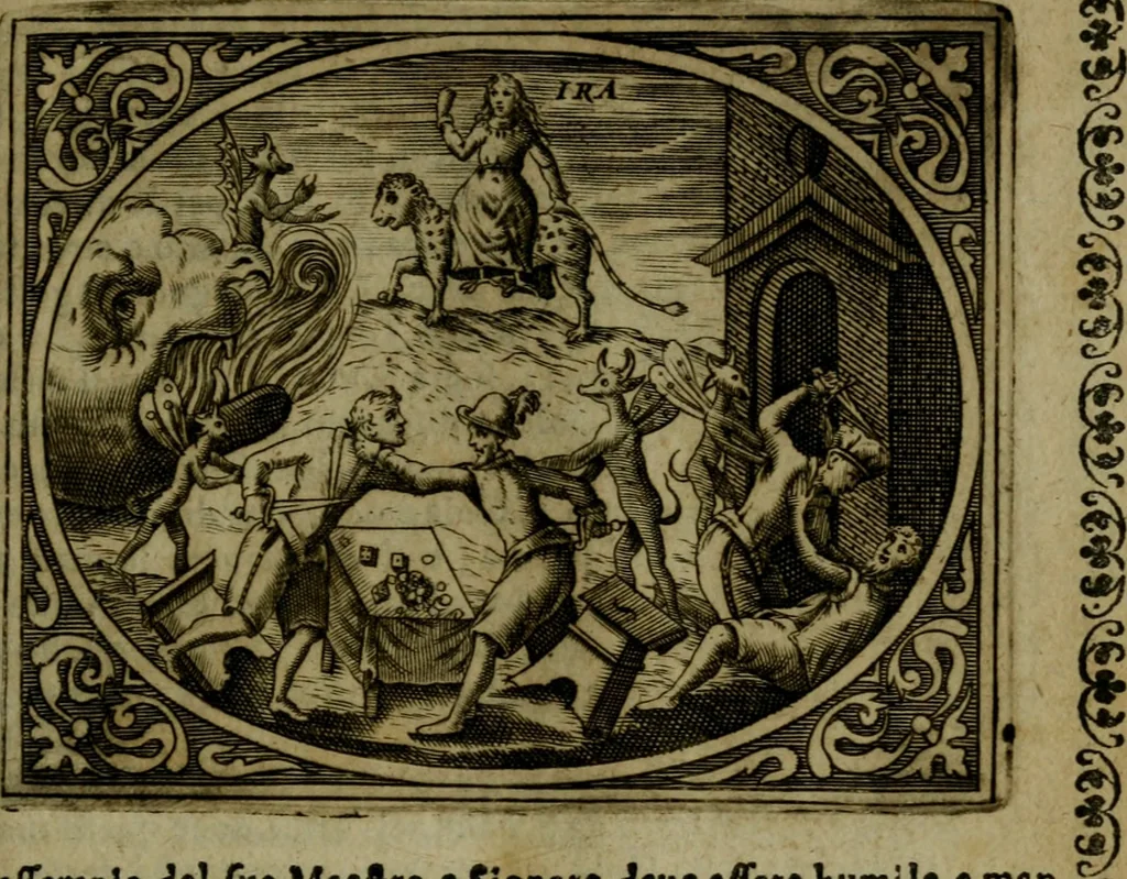 An illustration from Libretto d'imagini e di brevi meditationi sopra li sette peccati capitali, e le virtù à loro contrarie : si da ancora vna breve cognitione de' vitij per fuggirli, e delle virtù per acquistarle, 1600, leaf 38
