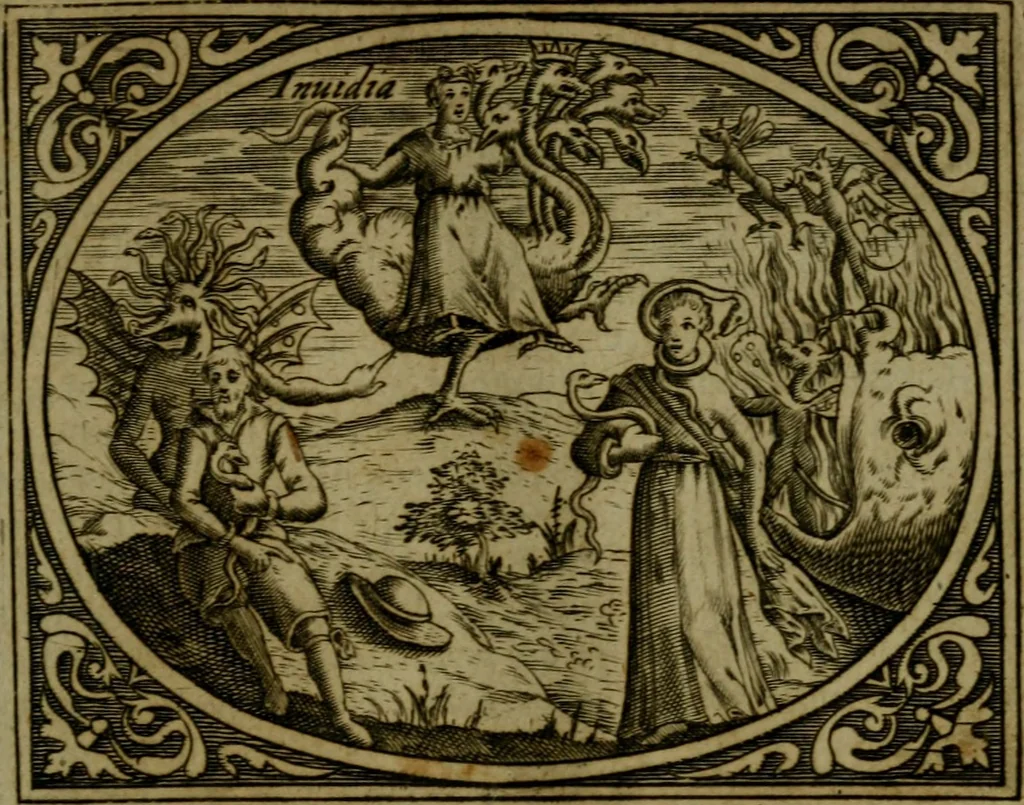 An illustration from Libretto d'imagini e di brevi meditationi sopra li sette peccati capitali, e le virtù à loro contrarie : si da ancora vna breve cognitione de' vitij per fuggirli, e delle virtù per acquistarle, 1600, leaf 46