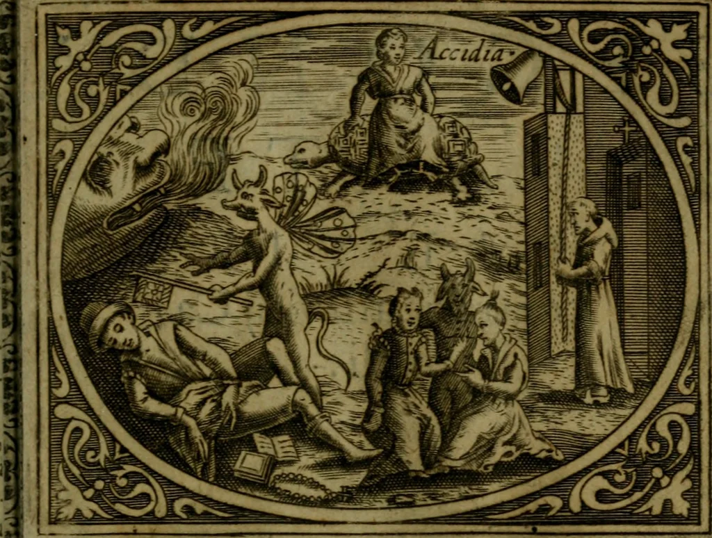 An illustration from Libretto d'imagini e di brevi meditationi sopra li sette peccati capitali, e le virtù à loro contrarie : si da ancora vna breve cognitione de' vitij per fuggirli, e delle virtù per acquistarle, 1600, leaf 50
