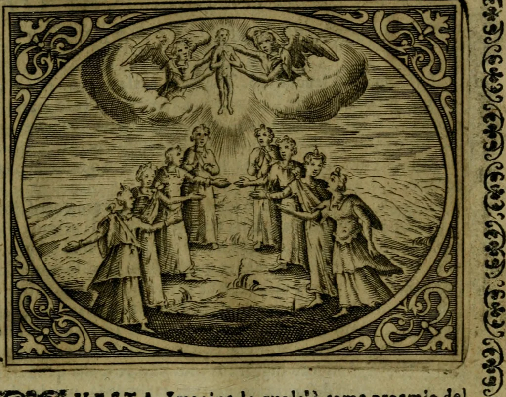 An illustration from Libretto d'imagini e di brevi meditationi sopra li sette peccati capitali, e le virtù à loro contrarie : si da ancora vna breve cognitione de' vitij per fuggirli, e delle virtù per acquistarle, 1600, leaf 52