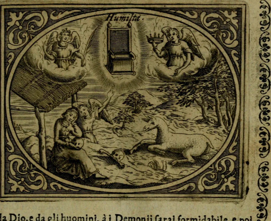 An illustration from Libretto d'imagini e di brevi meditationi sopra li sette peccati capitali, e le virtù à loro contrarie : si da ancora vna breve cognitione de' vitij per fuggirli, e delle virtù per acquistarle, 1600, leaf 56