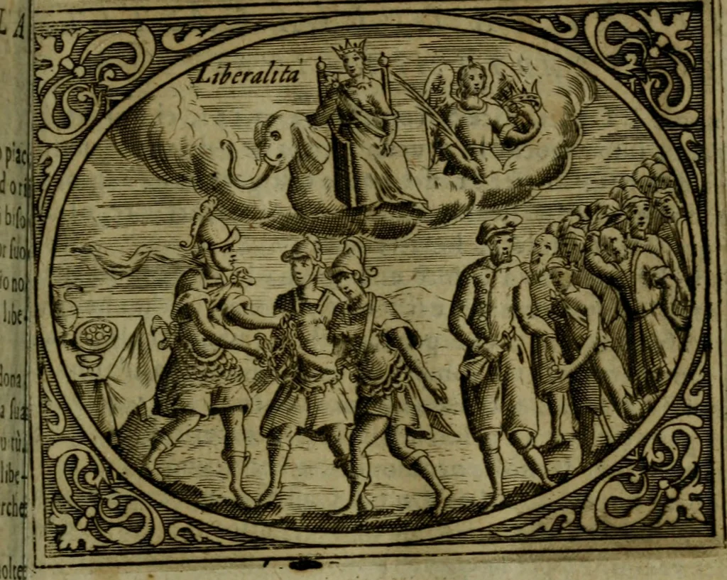 An illustration from Libretto d'imagini e di brevi meditationi sopra li sette peccati capitali, e le virtù à loro contrarie : si da ancora vna breve cognitione de' vitij per fuggirli, e delle virtù per acquistarle, 1600, leaf 64