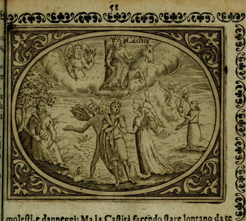 An illustration from Libretto d'imagini e di brevi meditationi sopra li sette peccati capitali, e le virtù à loro contrarie : si da ancora vna breve cognitione de' vitij per fuggirli, e delle virtù per acquistarle, 1600, leaf 68