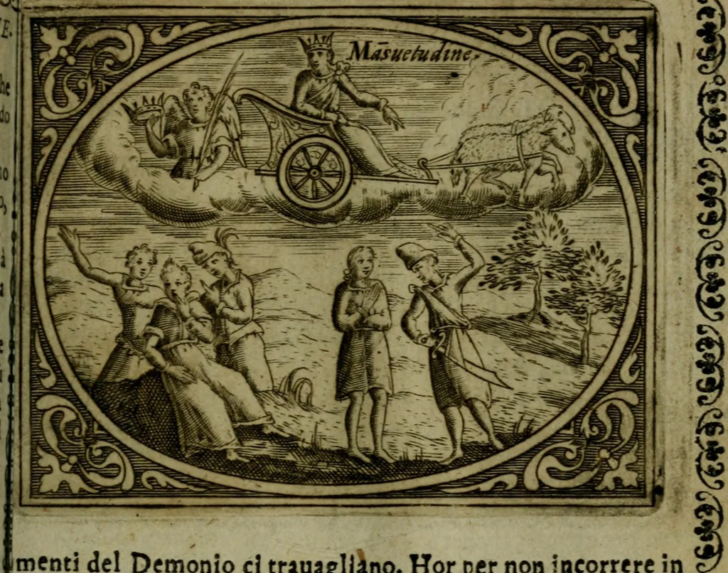 An illustration from Libretto d'imagini e di brevi meditationi sopra li sette peccati capitali, e le virtù à loro contrarie : si da ancora vna breve cognitione de' vitij per fuggirli, e delle virtù per acquistarle, 1600, leaf 72