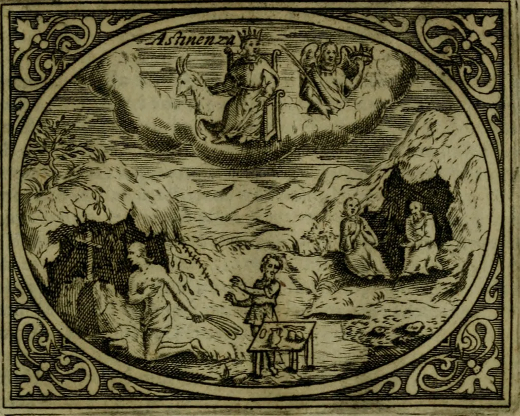 An illustration from Libretto d'imagini e di brevi meditationi sopra li sette peccati capitali, e le virtù à loro contrarie : si da ancora vna breve cognitione de' vitij per fuggirli, e delle virtù per acquistarle, 1600, leaf 76