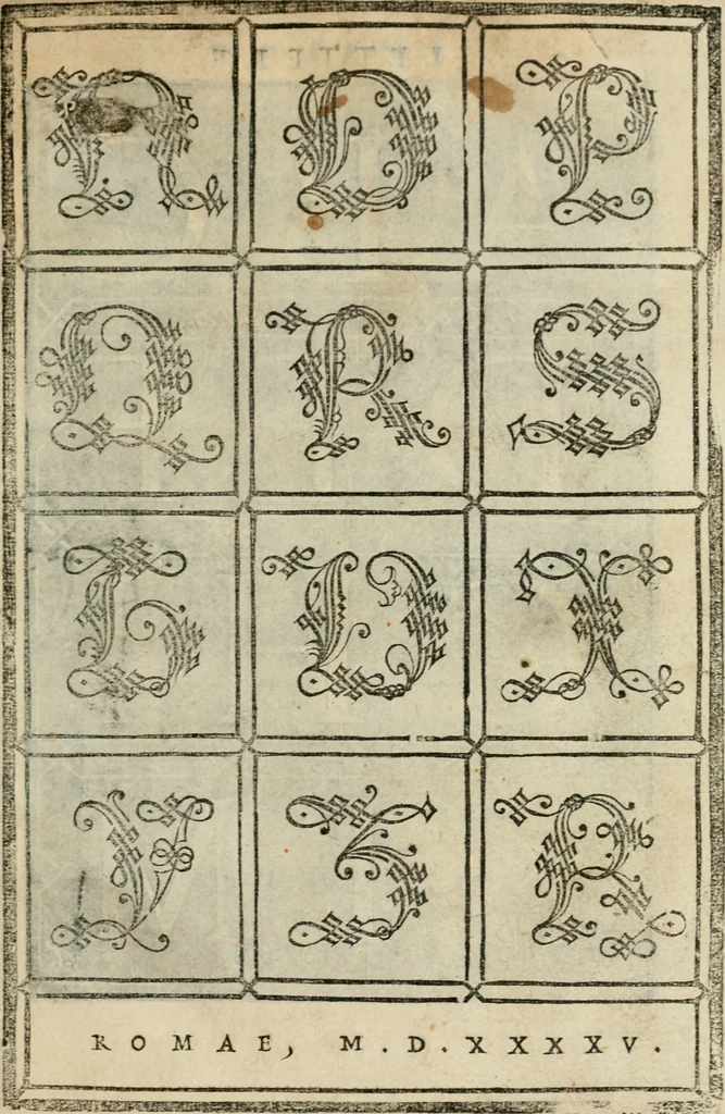 An illustration from Libro di M. Giovambattista Palatino cittadino romano : nelqual s'insegna à scriuer ogni sorte lettera, antica & moderna, di qualun que natione, con le sue regole, & misure, & essempi : et con vn breve et vtil discorso de le cifre, 1550, leaf 72