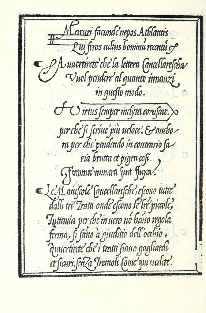 An illustration from Libro di M. Giovam Battista Palatino, cittadino romano, nelqual s'insegna à scriuer ogni sorte lettera, antica & moderna, di qualunque natione, con le sue regole & misure, & essempi : et con vn breve et vtil discorso de le cifre : riueduto nuouamente & corretto dal proprio autore, con la givnta di qvindici tavole bellissime, 1561, leaf 34