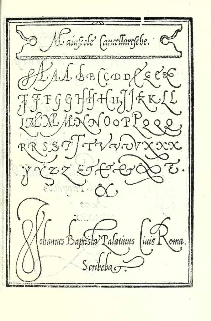 An illustration from Libro di M. Giovam Battista Palatino, cittadino romano, nelqual s'insegna à scriuer ogni sorte lettera, antica & moderna, di qualunque natione, con le sue regole & misure, & essempi : et con vn breve et vtil discorso de le cifre : riueduto nuouamente & corretto dal proprio autore, con la givnta di qvindici tavole bellissime, 1561, leaf 35