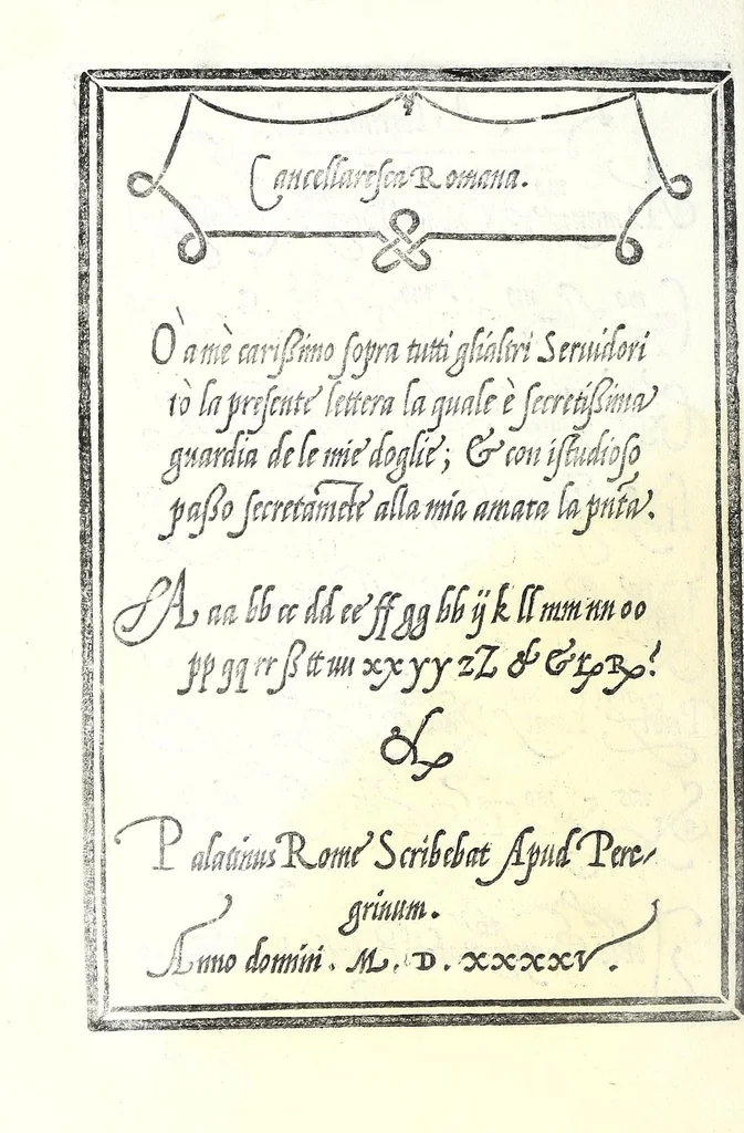 An illustration from Libro di M. Giovam Battista Palatino, cittadino romano, nelqual s'insegna à scriuer ogni sorte lettera, antica & moderna, di qualunque natione, con le sue regole & misure, & essempi : et con vn breve et vtil discorso de le cifre : riueduto nuouamente & corretto dal proprio autore, con la givnta di qvindici tavole bellissime, 1561, leaf 38