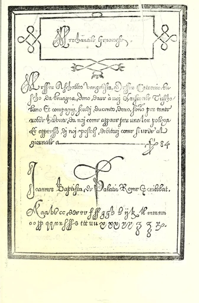 An illustration from Libro di M. Giovam Battista Palatino, cittadino romano, nelqual s'insegna à scriuer ogni sorte lettera, antica & moderna, di qualunque natione, con le sue regole & misure, & essempi : et con vn breve et vtil discorso de le cifre : riueduto nuouamente & corretto dal proprio autore, con la givnta di qvindici tavole bellissime, 1561, leaf 45
