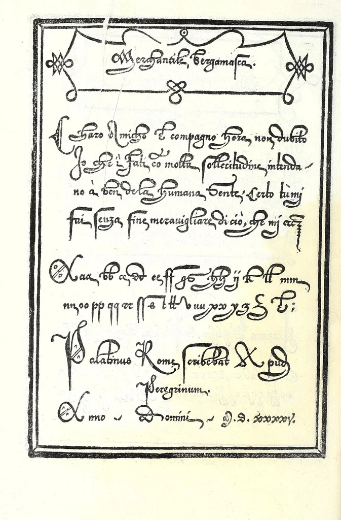 An illustration from Libro di M. Giovam Battista Palatino, cittadino romano, nelqual s'insegna à scriuer ogni sorte lettera, antica & moderna, di qualunque natione, con le sue regole & misure, & essempi : et con vn breve et vtil discorso de le cifre : riueduto nuouamente & corretto dal proprio autore, con la givnta di qvindici tavole bellissime, 1561, leaf 46