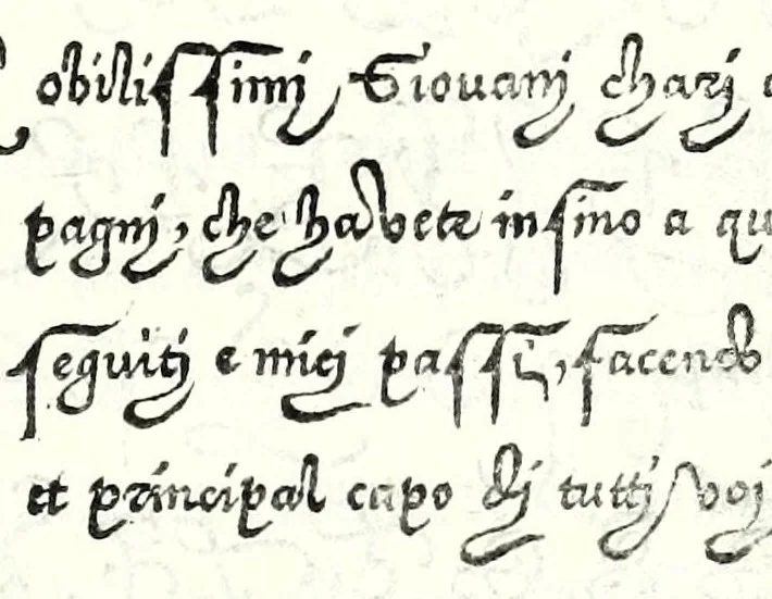 An illustration from Libro di M. Giovam Battista Palatino, cittadino romano, nelqual s'insegna à scriuer ogni sorte lettera, antica & moderna, di qualunque natione, con le sue regole & misure, & essempi : et con vn breve et vtil discorso de le cifre : riueduto nuouamente & corretto dal proprio autore, con la givnta di qvindici tavole bellissime, 1561, leaf 47