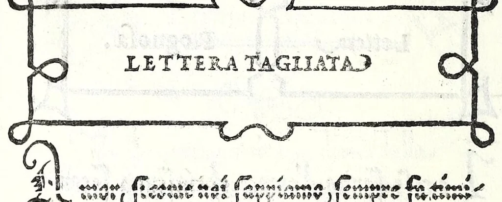An illustration from Libro di M. Giovam Battista Palatino, cittadino romano, nelqual s'insegna à scriuer ogni sorte lettera, antica & moderna, di qualunque natione, con le sue regole & misure, & essempi : et con vn breve et vtil discorso de le cifre : riueduto nuouamente & corretto dal proprio autore, con la givnta di qvindici tavole bellissime, 1561, leaf 56
