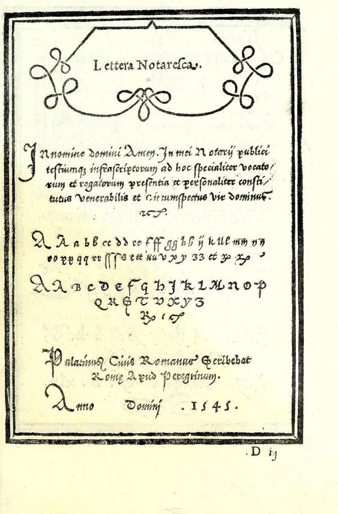 An illustration from Libro di M. Giovam Battista Palatino, cittadino romano, nelqual s'insegna à scriuer ogni sorte lettera, antica & moderna, di qualunque natione, con le sue regole & misure, & essempi : et con vn breve et vtil discorso de le cifre : riueduto nuouamente & corretto dal proprio autore, con la givnta di qvindici tavole bellissime, 1561, leaf 57