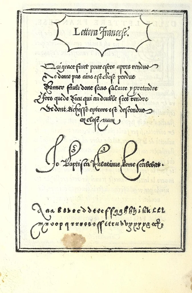 An illustration from Libro di M. Giovam Battista Palatino, cittadino romano, nelqual s'insegna à scriuer ogni sorte lettera, antica & moderna, di qualunque natione, con le sue regole & misure, & essempi : et con vn breve et vtil discorso de le cifre : riueduto nuouamente & corretto dal proprio autore, con la givnta di qvindici tavole bellissime, 1561, leaf 60