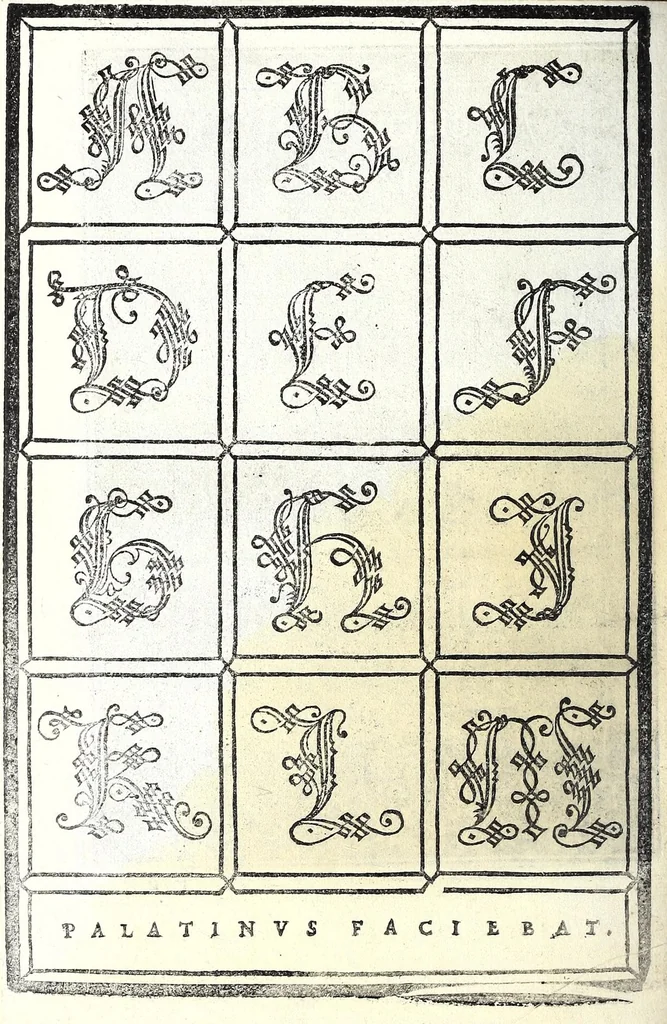 An illustration from Libro di M. Giovam Battista Palatino, cittadino romano, nelqual s'insegna à scriuer ogni sorte lettera, antica & moderna, di qualunque natione, con le sue regole & misure, & essempi : et con vn breve et vtil discorso de le cifre : riueduto nuouamente & corretto dal proprio autore, con la givnta di qvindici tavole bellissime, 1561, leaf 72