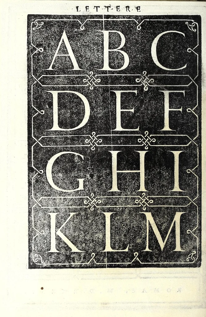 An illustration from Libro di M. Giovam Battista Palatino, cittadino romano, nelqual s'insegna à scriuer ogni sorte lettera, antica & moderna, di qualunque natione, con le sue regole & misure, & essempi : et con vn breve et vtil discorso de le cifre : riueduto nuouamente & corretto dal proprio autore, con la givnta di qvindici tavole bellissime, 1561, leaf 74