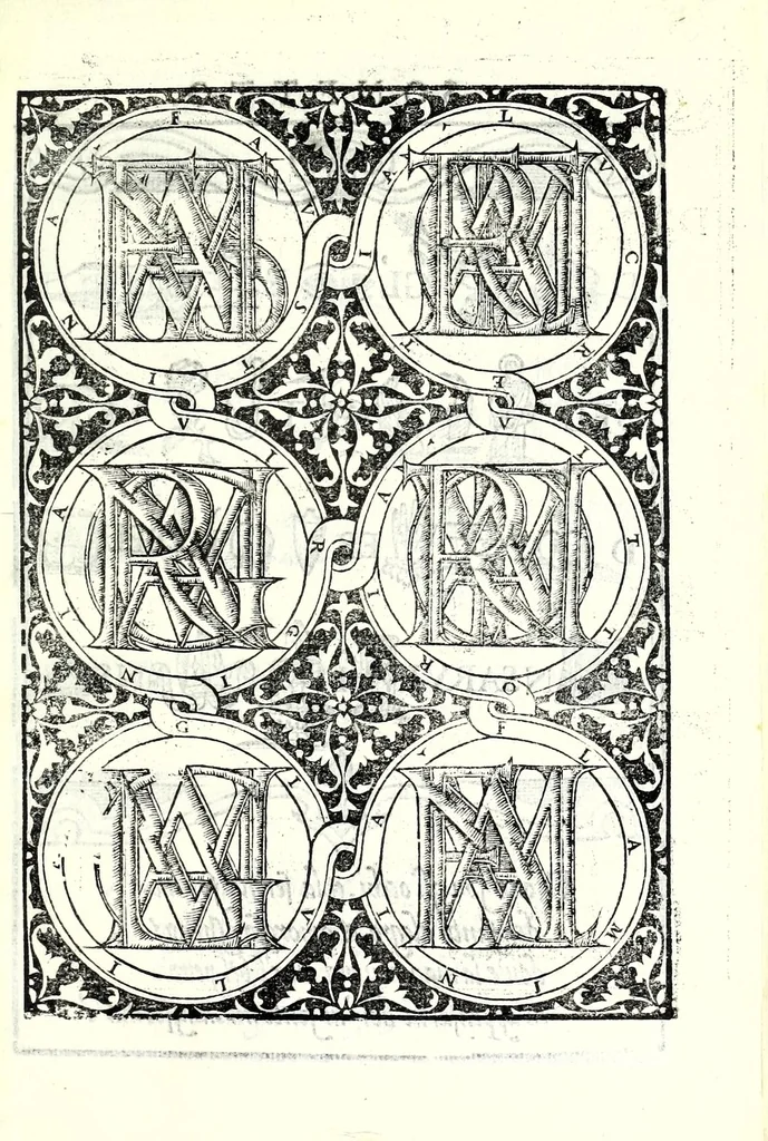 An illustration from Libro di M. Giovam Battista Palatino, cittadino romano, nelqual s'insegna à scriuer ogni sorte lettera, antica & moderna, di qualunque natione, con le sue regole & misure, & essempi : et con vn breve et vtil discorso de le cifre : riueduto nuouamente & corretto dal proprio autore, con la givnta di qvindici tavole bellissime, 1561, leaf 95
