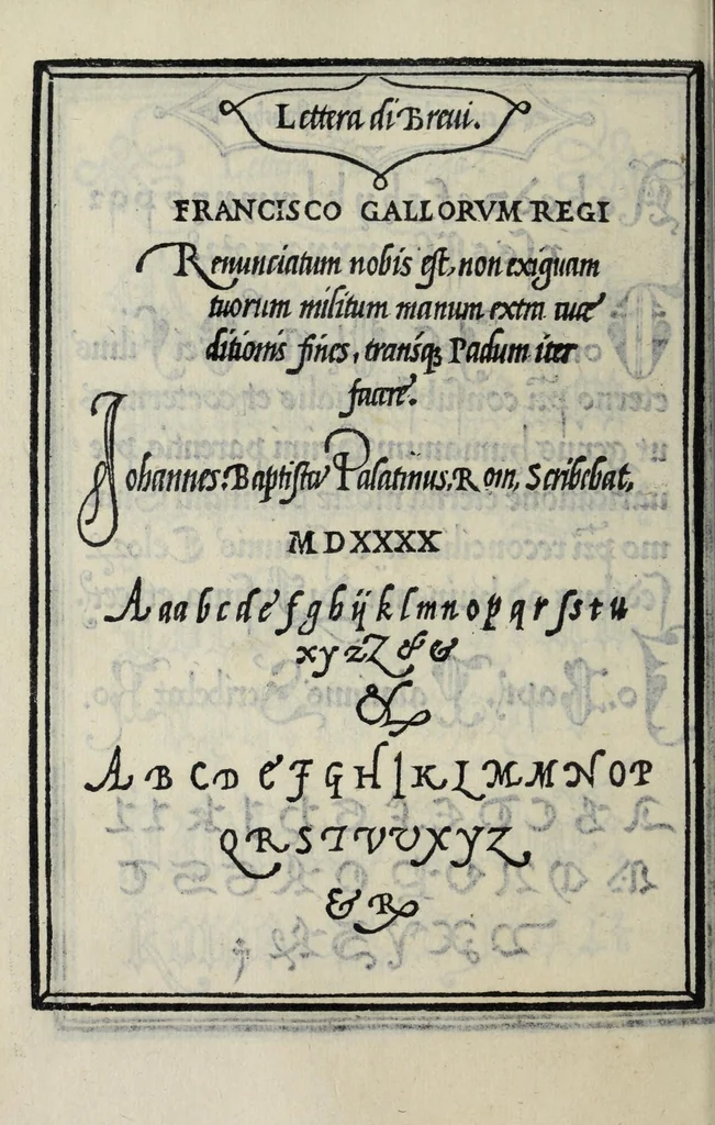 An illustration from Libro di M. Giovanbattista Palatino cittadino romano : nel qual s'insegna à scriuere ogni sorte lettera, antica, et moderna, di qualunque natione, con le sue regole, et misure, et essempi : et con vn breve, et vtil discorso de le cifre, 1548, leaf 56