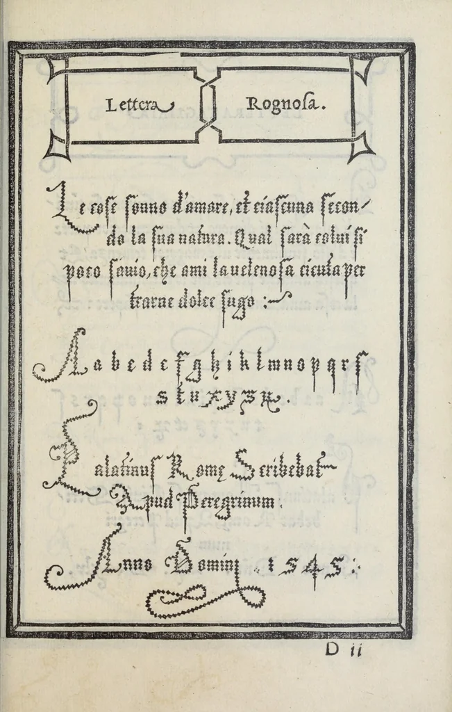 An illustration from Libro di M. Giovanbattista Palatino cittadino romano : nel qual s'insegna à scriuere ogni sorte lettera, antica, et moderna, di qualunque natione, con le sue regole, et misure, et essempi : et con vn breve, et vtil discorso de le cifre, 1548, leaf 61