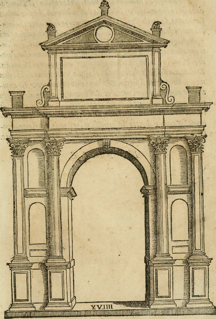 An illustration from Libro estraordinario di Sebastiano Serlio bolognese : nel quale si dimostrano trenta porte di opera rustica, mista con diuersi ordini, & uenti di opera dilicata di diuerse specie : con la scrittura dauanti, che narra il tutto, 1566, leaf 102