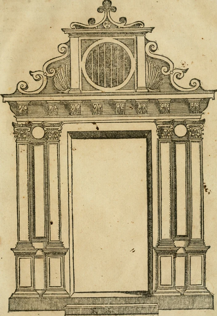 An illustration from Libro estraordinario di Sebastiano Serlio bolognese : nel quale si dimostrano trenta porte di opera rustica, mista con diuersi ordini, & uenti di opera dilicata di diuerse specie : con la scrittura dauanti, che narra il tutto, 1566, leaf 104
