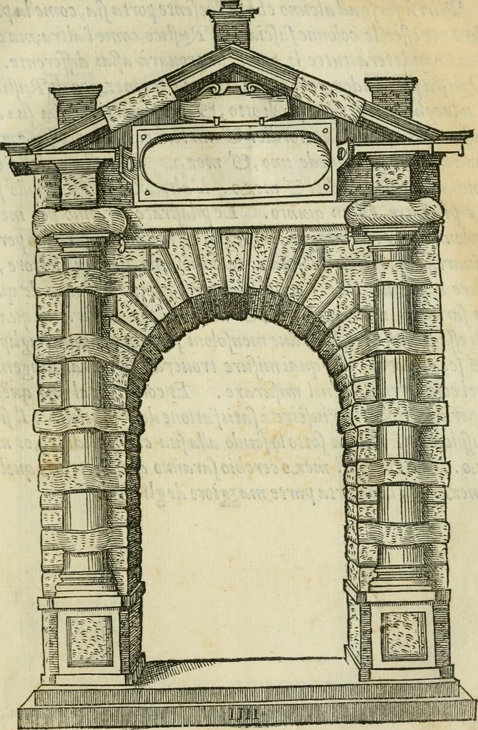 An illustration from Libro estraordinario di Sebastiano Serlio bolognese : nel quale si dimostrano trenta porte di opera rustica, mista con diuersi ordini, & uenti di opera dilicata di diuerse specie : con la scrittura dauanti, che narra il tutto, 1566, leaf 12