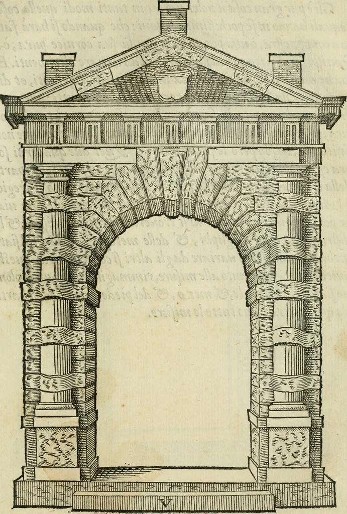 An illustration from Libro estraordinario di Sebastiano Serlio bolognese : nel quale si dimostrano trenta porte di opera rustica, mista con diuersi ordini, & uenti di opera dilicata di diuerse specie : con la scrittura dauanti, che narra il tutto, 1566, leaf 14