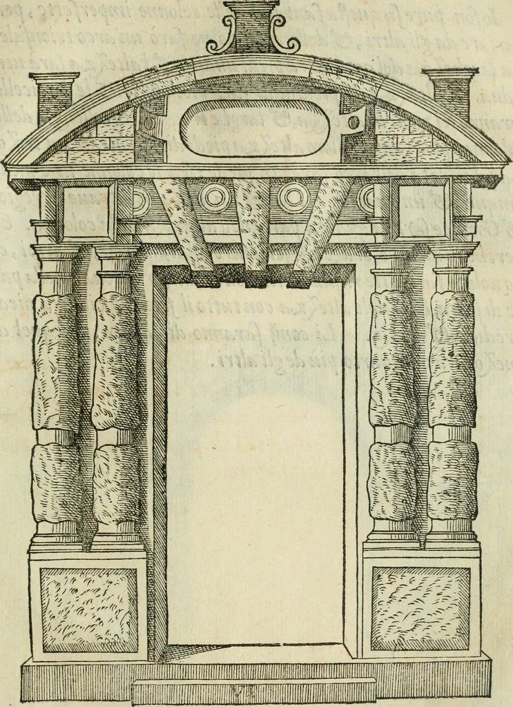An illustration from Libro estraordinario di Sebastiano Serlio bolognese : nel quale si dimostrano trenta porte di opera rustica, mista con diuersi ordini, & uenti di opera dilicata di diuerse specie : con la scrittura dauanti, che narra il tutto, 1566, leaf 16