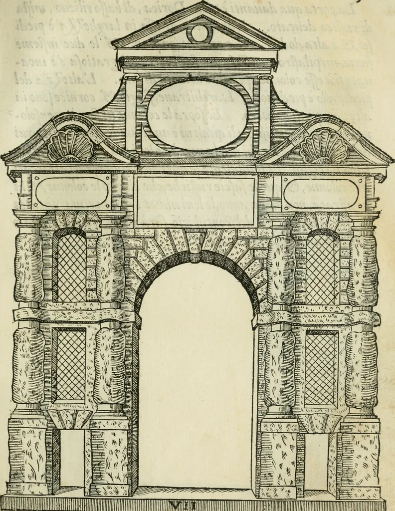 An illustration from Libro estraordinario di Sebastiano Serlio bolognese : nel quale si dimostrano trenta porte di opera rustica, mista con diuersi ordini, & uenti di opera dilicata di diuerse specie : con la scrittura dauanti, che narra il tutto, 1566, leaf 18