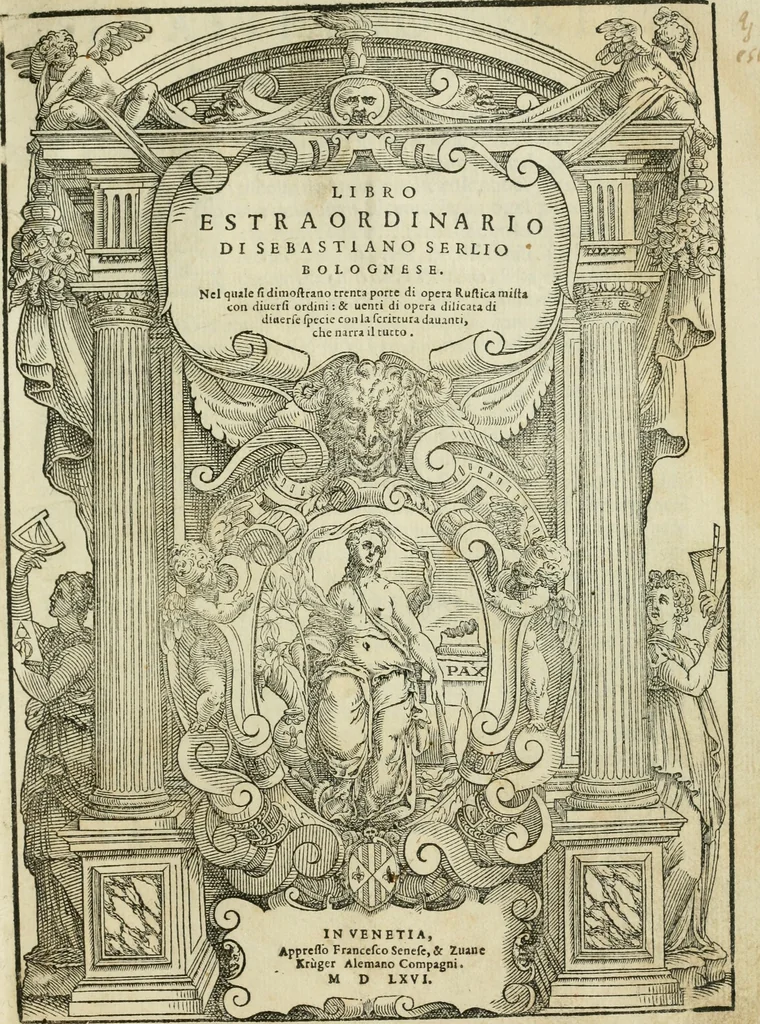 An illustration from Libro estraordinario di Sebastiano Serlio bolognese : nel quale si dimostrano trenta porte di opera rustica, mista con diuersi ordini, & uenti di opera dilicata di diuerse specie : con la scrittura dauanti, che narra il tutto, 1566, leaf 2