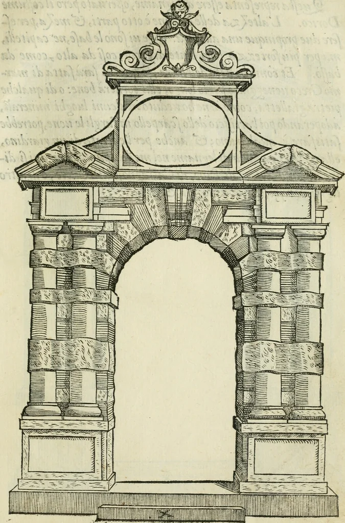 An illustration from Libro estraordinario di Sebastiano Serlio bolognese : nel quale si dimostrano trenta porte di opera rustica, mista con diuersi ordini, & uenti di opera dilicata di diuerse specie : con la scrittura dauanti, che narra il tutto, 1566, leaf 24