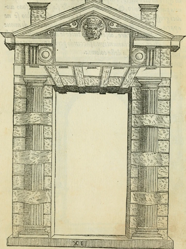 An illustration from Libro estraordinario di Sebastiano Serlio bolognese : nel quale si dimostrano trenta porte di opera rustica, mista con diuersi ordini, & uenti di opera dilicata di diuerse specie : con la scrittura dauanti, che narra il tutto, 1566, leaf 28