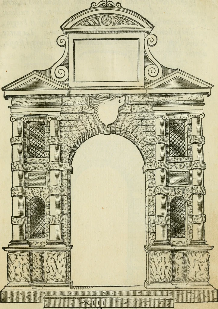 An illustration from Libro estraordinario di Sebastiano Serlio bolognese : nel quale si dimostrano trenta porte di opera rustica, mista con diuersi ordini, & uenti di opera dilicata di diuerse specie : con la scrittura dauanti, che narra il tutto, 1566, leaf 30