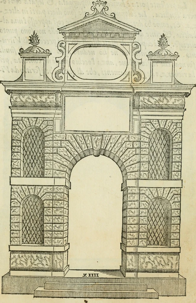 An illustration from Libro estraordinario di Sebastiano Serlio bolognese : nel quale si dimostrano trenta porte di opera rustica, mista con diuersi ordini, & uenti di opera dilicata di diuerse specie : con la scrittura dauanti, che narra il tutto, 1566, leaf 32