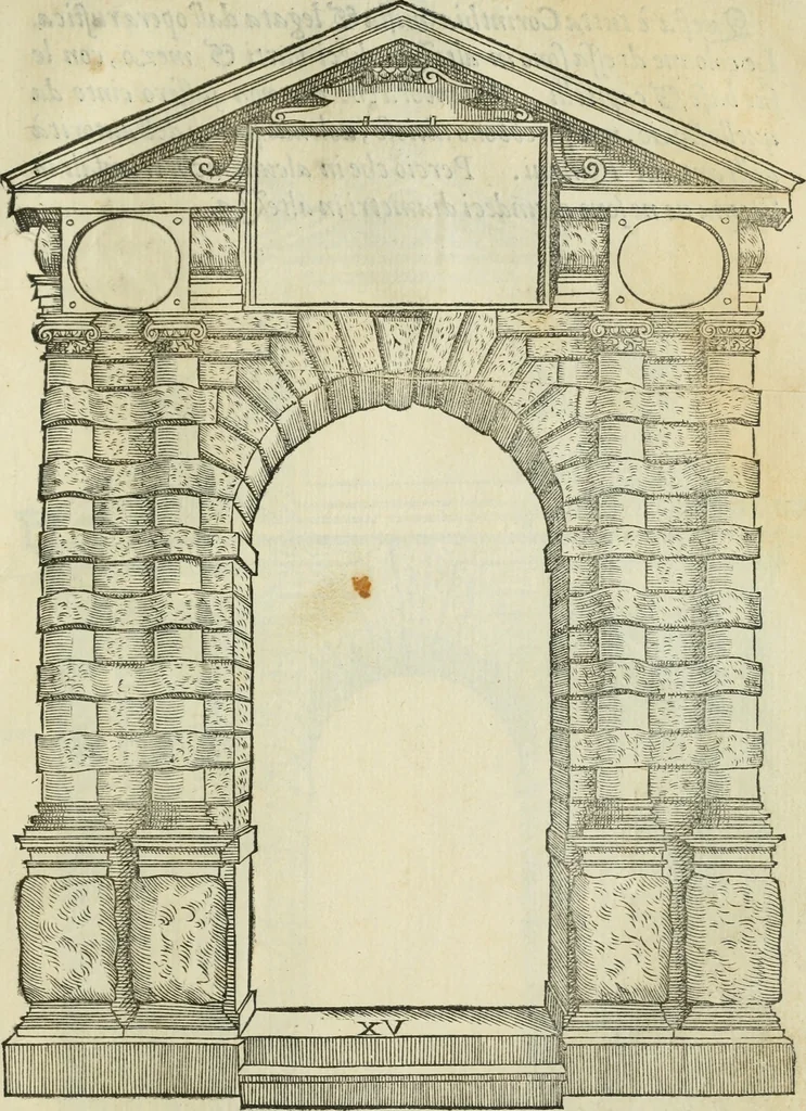 An illustration from Libro estraordinario di Sebastiano Serlio bolognese : nel quale si dimostrano trenta porte di opera rustica, mista con diuersi ordini, & uenti di opera dilicata di diuerse specie : con la scrittura dauanti, che narra il tutto, 1566, leaf 34