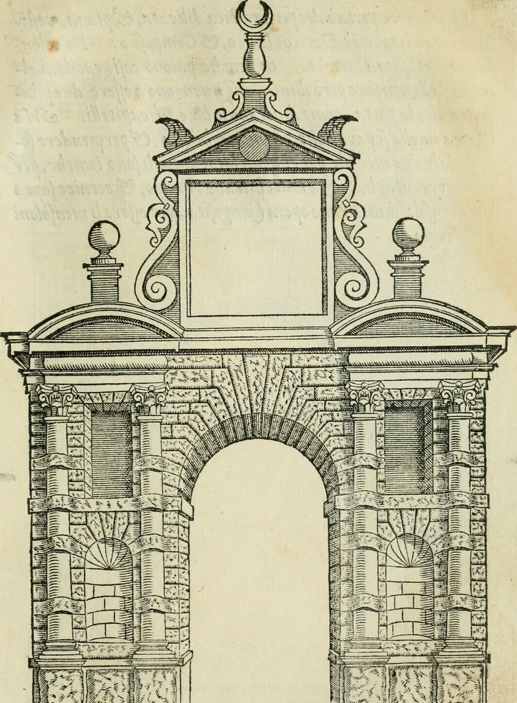 An illustration from Libro estraordinario di Sebastiano Serlio bolognese : nel quale si dimostrano trenta porte di opera rustica, mista con diuersi ordini, & uenti di opera dilicata di diuerse specie : con la scrittura dauanti, che narra il tutto, 1566, leaf 36