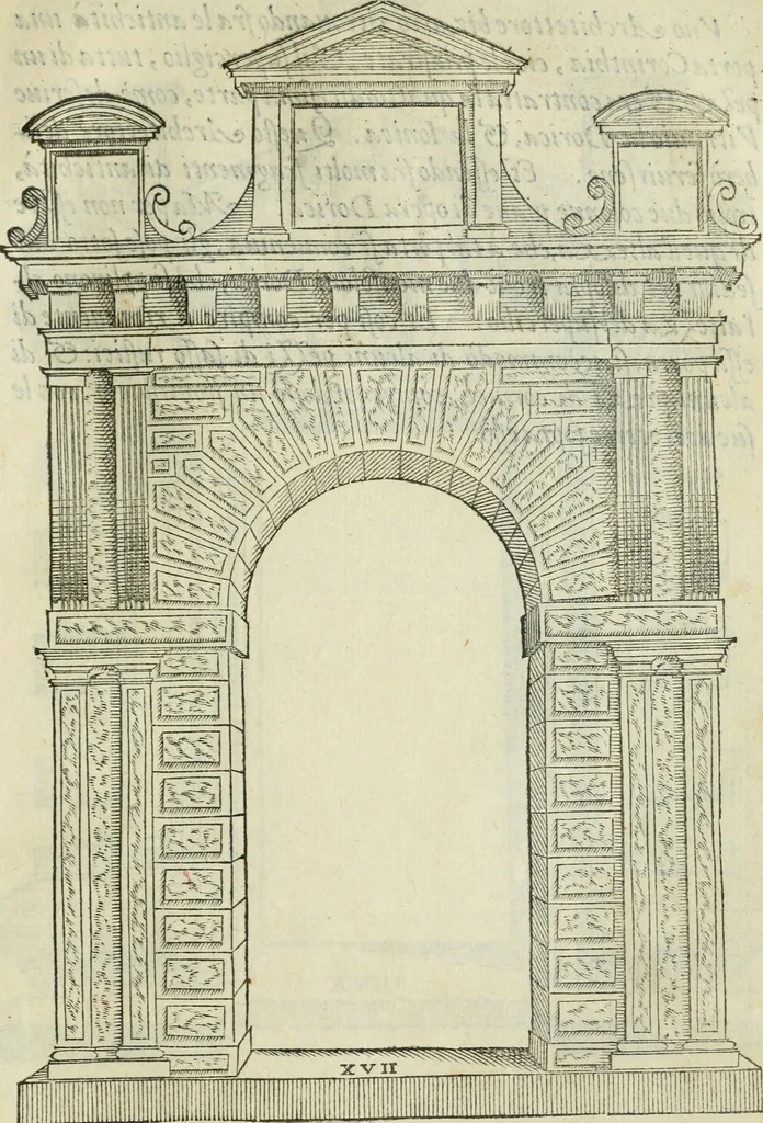 An illustration from Libro estraordinario di Sebastiano Serlio bolognese : nel quale si dimostrano trenta porte di opera rustica, mista con diuersi ordini, & uenti di opera dilicata di diuerse specie : con la scrittura dauanti, che narra il tutto, 1566, leaf 38