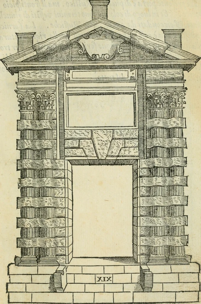 An illustration from Libro estraordinario di Sebastiano Serlio bolognese : nel quale si dimostrano trenta porte di opera rustica, mista con diuersi ordini, & uenti di opera dilicata di diuerse specie : con la scrittura dauanti, che narra il tutto, 1566, leaf 42