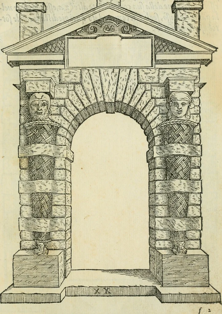 An illustration from Libro estraordinario di Sebastiano Serlio bolognese : nel quale si dimostrano trenta porte di opera rustica, mista con diuersi ordini, & uenti di opera dilicata di diuerse specie : con la scrittura dauanti, che narra il tutto, 1566, leaf 44