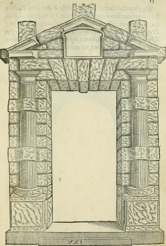 An illustration from Libro estraordinario di Sebastiano Serlio bolognese : nel quale si dimostrano trenta porte di opera rustica, mista con diuersi ordini, & uenti di opera dilicata di diuerse specie : con la scrittura dauanti, che narra il tutto, 1566, leaf 46