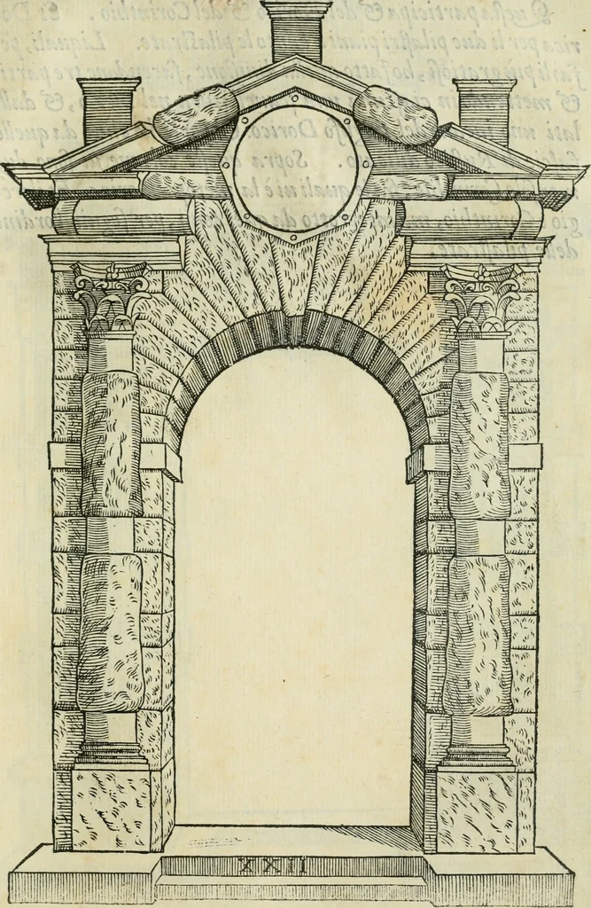 An illustration from Libro estraordinario di Sebastiano Serlio bolognese : nel quale si dimostrano trenta porte di opera rustica, mista con diuersi ordini, & uenti di opera dilicata di diuerse specie : con la scrittura dauanti, che narra il tutto, 1566, leaf 48