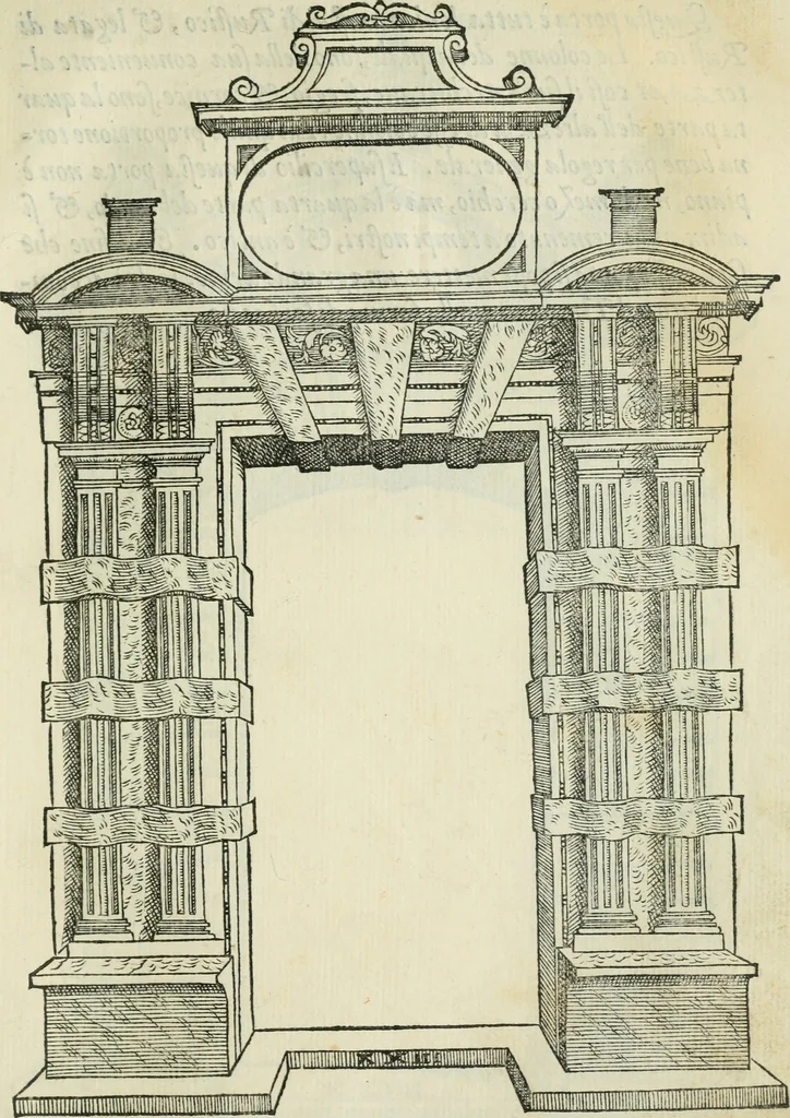 An illustration from Libro estraordinario di Sebastiano Serlio bolognese : nel quale si dimostrano trenta porte di opera rustica, mista con diuersi ordini, & uenti di opera dilicata di diuerse specie : con la scrittura dauanti, che narra il tutto, 1566, leaf 50