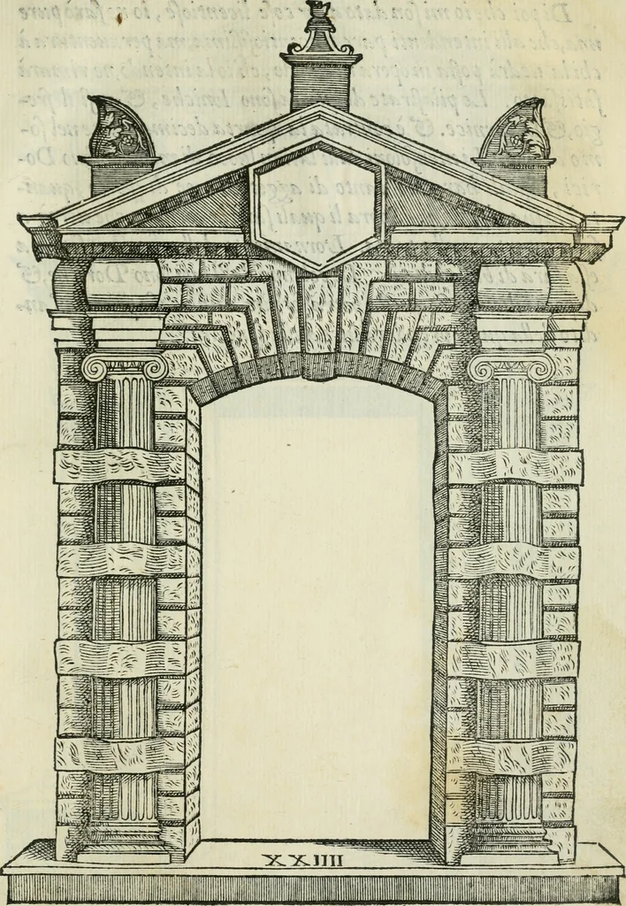 An illustration from Libro estraordinario di Sebastiano Serlio bolognese : nel quale si dimostrano trenta porte di opera rustica, mista con diuersi ordini, & uenti di opera dilicata di diuerse specie : con la scrittura dauanti, che narra il tutto, 1566, leaf 52