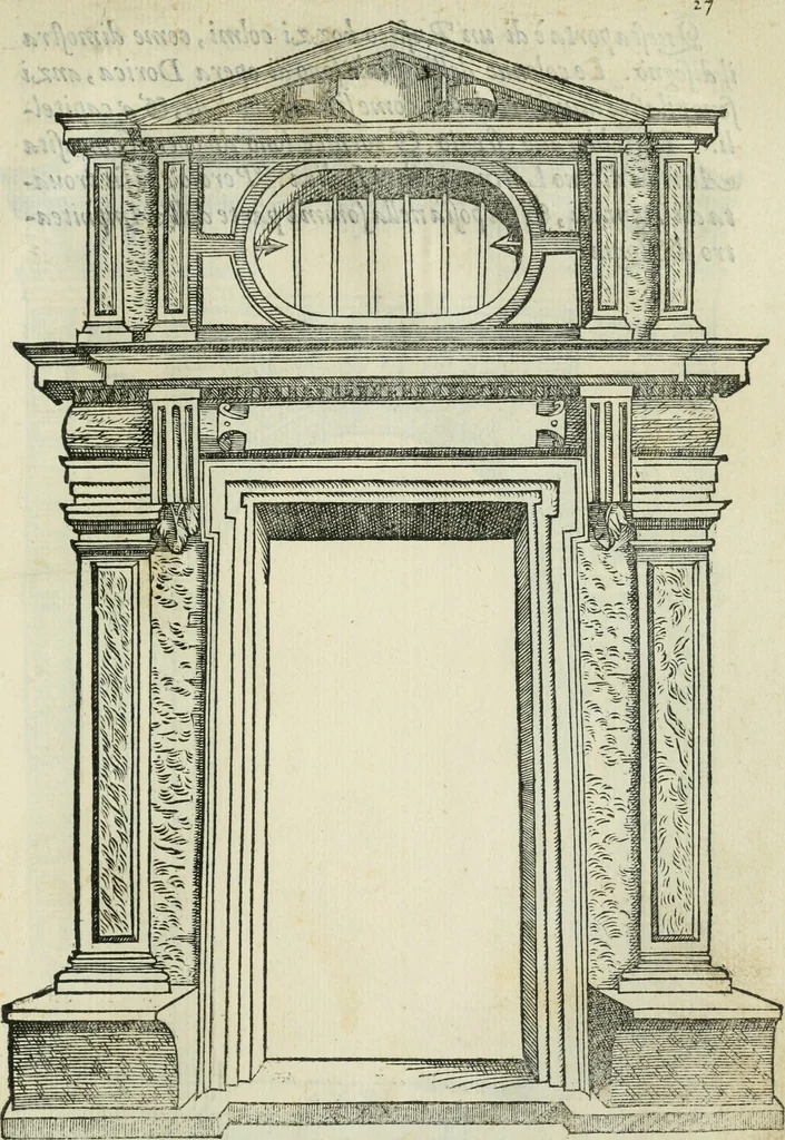 An illustration from Libro estraordinario di Sebastiano Serlio bolognese : nel quale si dimostrano trenta porte di opera rustica, mista con diuersi ordini, & uenti di opera dilicata di diuerse specie : con la scrittura dauanti, che narra il tutto, 1566, leaf 54