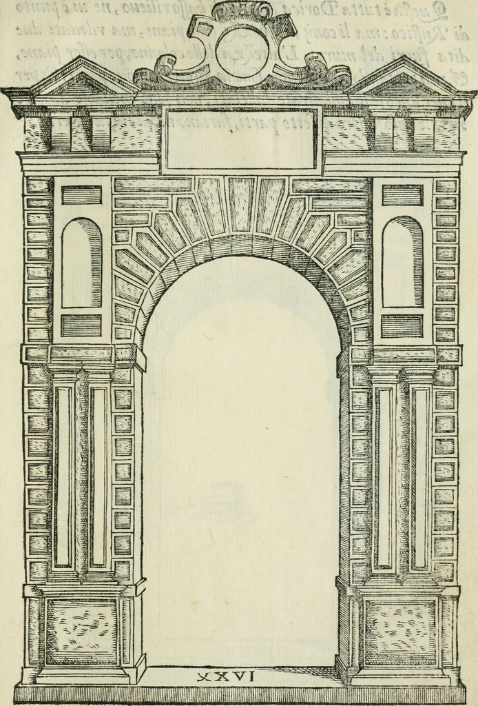 An illustration from Libro estraordinario di Sebastiano Serlio bolognese : nel quale si dimostrano trenta porte di opera rustica, mista con diuersi ordini, & uenti di opera dilicata di diuerse specie : con la scrittura dauanti, che narra il tutto, 1566, leaf 56