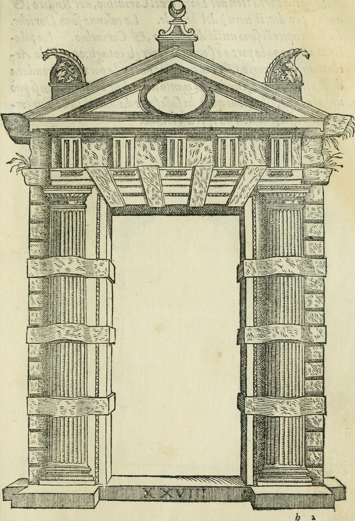 An illustration from Libro estraordinario di Sebastiano Serlio bolognese : nel quale si dimostrano trenta porte di opera rustica, mista con diuersi ordini, & uenti di opera dilicata di diuerse specie : con la scrittura dauanti, che narra il tutto, 1566, leaf 60