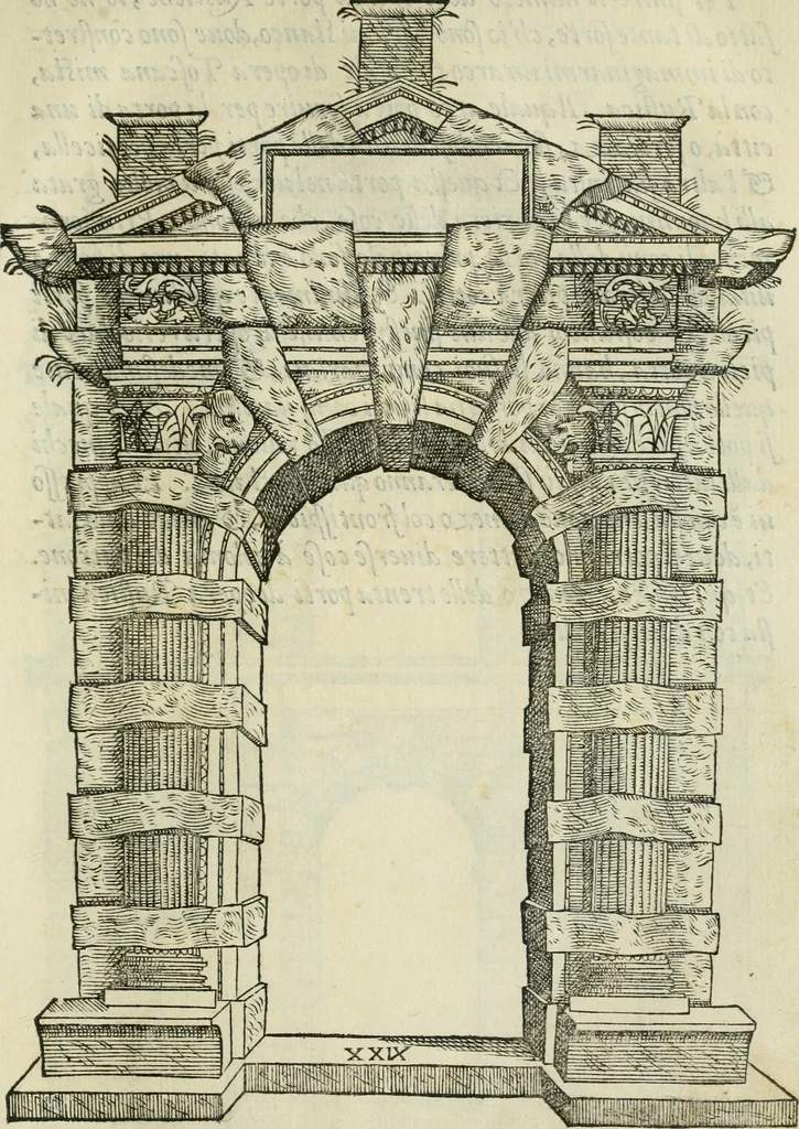 An illustration from Libro estraordinario di Sebastiano Serlio bolognese : nel quale si dimostrano trenta porte di opera rustica, mista con diuersi ordini, & uenti di opera dilicata di diuerse specie : con la scrittura dauanti, che narra il tutto, 1566, leaf 62
