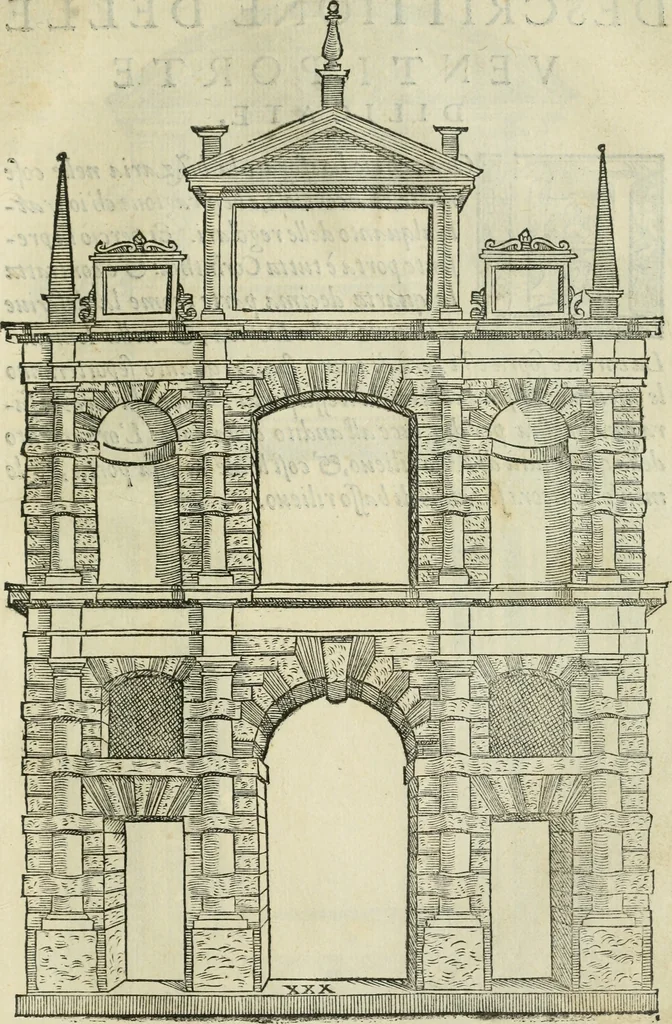An illustration from Libro estraordinario di Sebastiano Serlio bolognese : nel quale si dimostrano trenta porte di opera rustica, mista con diuersi ordini, & uenti di opera dilicata di diuerse specie : con la scrittura dauanti, che narra il tutto, 1566, leaf 64
